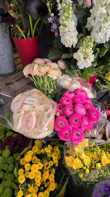 A vibrant display of fresh flowers arranged on a wooden surface, featuring clusters of bright pink ranunculus, creamy pink and white ranunculus blooms in sealed plastic packaging, and yellow chrysanth