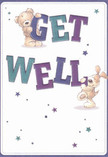 This charming get well card vividly portrays the nurturing spirit of Muswell Hill, as a cuddly teddy bear and a playful puppy work together to lift spirits with joy and warmth. The bear, its golden fur drawn to look touchably soft, perches atop bright indigo and teal letters spelling 'Get Well,' while the puppy, sporting floppy ears and glowing eyes, nestles close by. Scattered about them, star shapes twinkle in purples and blues, casting a whimsical glow that calls to mind evenings in Alexandra Park. The creamy white background lets the bold, rounded letterforms and soft textures of the animals shine-each brushstroke echoing the detail and care familiar from Muswell Hill Florist's arrangements. The illustration's friendly energy is infectious, a tangible comfort whether it accompanies a bouquet delivered along Muswell Hill Road or brightens a bedside table near Fortis Green. Embracing the local spirit of support and hope, this card embodies the heartfelt cheer meant to guide recovery and restore happiness.
